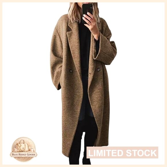 Classic Wool Blend Pea Coat Double Breasted Notch Lapel Trench Coat Elegant